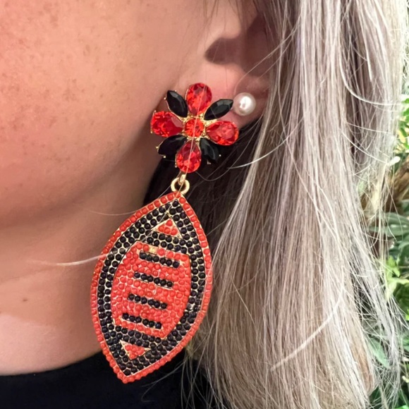 New Red & Black Rhinestone Football Drop Dangle Earrings - Picture 9 of 12